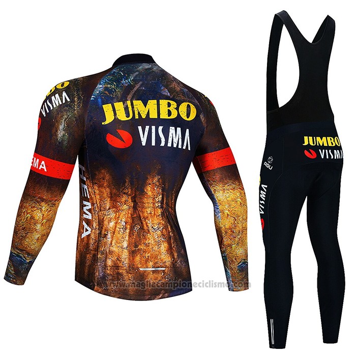 2022 Abbigliamento Ciclismo Jumbo Visma Nero Arancione Manica Lunga e Salopette